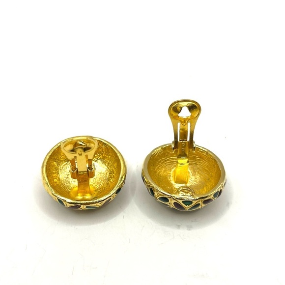 Elegant Gold and Multicolor Leaf Enamel Round Clip on Earrings 1980’s - Picture 7 of 9